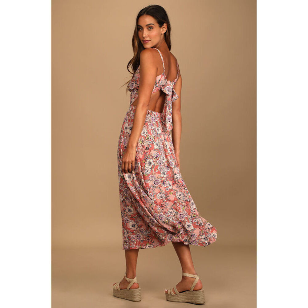 Lulus Ties With You Rose Pink Floral Print Tie-back Midi Dress - Size M